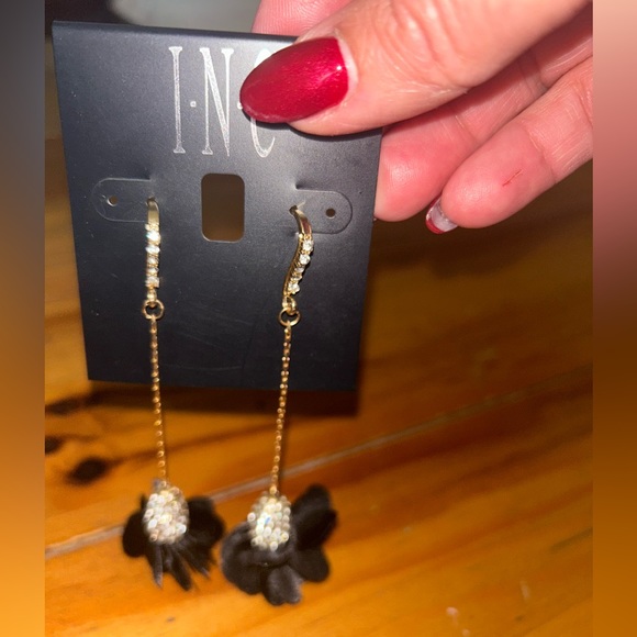 INC International Concepts Gold Black Flower Drop  Earrings with Crystals - Picture 2 of 4